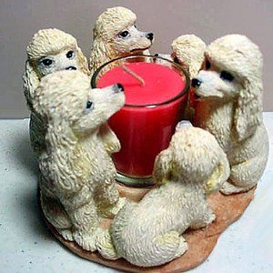 NEW White Poodle Circle True Friends Candle Holder Handpainted Ceramic NIB